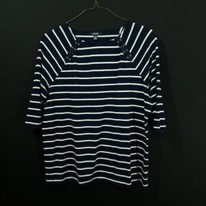 Chaps Womens Navy Striped 3/4 Sleeve Top Size M Shoestring Embelished‎